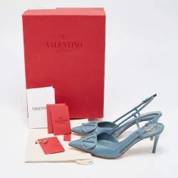 Pre Owned Valentino Navy Blue Leather Escape V logo Slingback Pumps Size 36