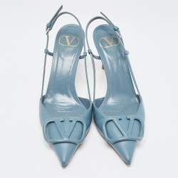 Pre Owned Valentino Navy Blue Leather Escape V logo Slingback Pumps Size 36