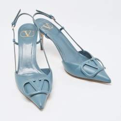Pre Owned Valentino Navy Blue Leather Escape V logo Slingback Pumps Size 36