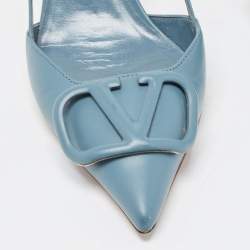 Pre Owned Valentino Navy Blue Leather Escape V logo Slingback Pumps Size 36