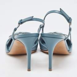 Pre Owned Valentino Navy Blue Leather Escape V logo Slingback Pumps Size 36