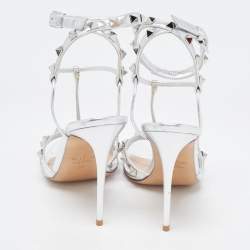 Pre Owned Valentino Silver Leather Rockstud Ankle Strap Sandals Size 36