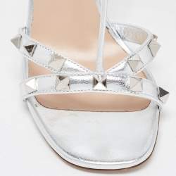 Pre Owned Valentino Silver Leather Rockstud Ankle Strap Sandals Size 36