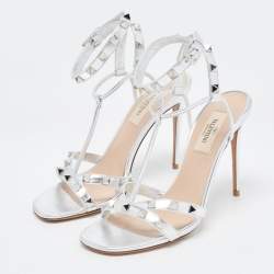 Pre Owned Valentino Silver Leather Rockstud Ankle Strap Sandals Size 36