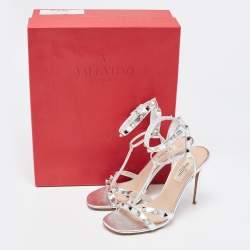 Pre Owned Valentino Silver Leather Rockstud Ankle Strap Sandals Size 36