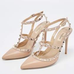 Pre Owned Valentino Beige Leather Rockstud Ankle Strap Pumps Size 39.5