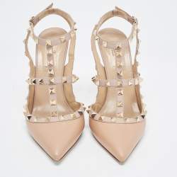 Pre Owned Valentino Beige Leather Rockstud Ankle Strap Pumps Size 39.5