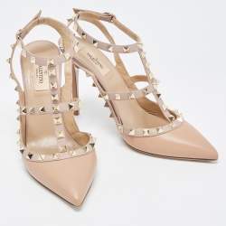Pre Owned Valentino Beige Leather Rockstud Ankle Strap Pumps Size 39.5