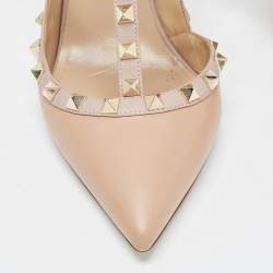 Pre Owned Valentino Beige Leather Rockstud Ankle Strap Pumps Size 39.5