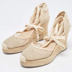 Pre Owned Valentino Beige Lace and Knit Fabric Espadrille Wedge Ankle Tie Pumps Size 39