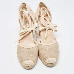 Pre Owned Valentino Beige Lace and Knit Fabric Espadrille Wedge Ankle Tie Pumps Size 39