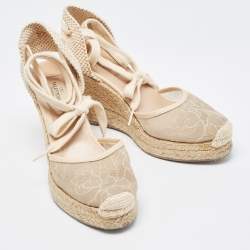 Pre Owned Valentino Beige Lace and Knit Fabric Espadrille Wedge Ankle Tie Pumps Size 39