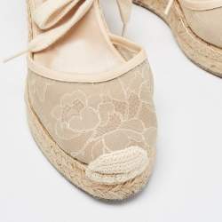 Pre Owned Valentino Beige Lace and Knit Fabric Espadrille Wedge Ankle Tie Pumps Size 39