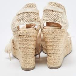 Pre Owned Valentino Beige Lace and Knit Fabric Espadrille Wedge Ankle Tie Pumps Size 39