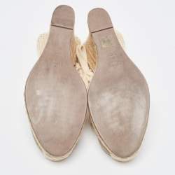 Pre Owned Valentino Beige Lace and Knit Fabric Espadrille Wedge Ankle Tie Pumps Size 39