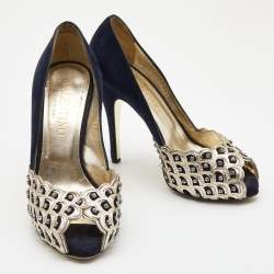 Pre Owned Valentino Navy Blue /Gold Suede and Leather Embellished  Pumps Size 37
