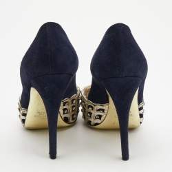 Pre Owned Valentino Navy Blue /Gold Suede and Leather Embellished  Pumps Size 37