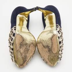 Pre Owned Valentino Navy Blue /Gold Suede and Leather Embellished  Pumps Size 37