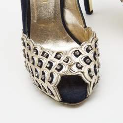 Pre Owned Valentino Navy Blue /Gold Suede and Leather Embellished  Pumps Size 37