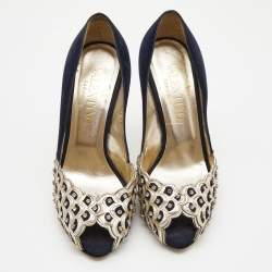 Pre Owned Valentino Navy Blue /Gold Suede and Leather Embellished  Pumps Size 37