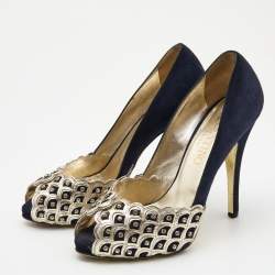 Pre Owned Valentino Navy Blue /Gold Suede and Leather Embellished  Pumps Size 37