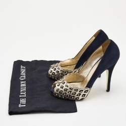 Pre Owned Valentino Navy Blue /Gold Suede and Leather Embellished  Pumps Size 37
