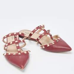 Pre Owned Valentino Burgundy Leather Rockstud  Flat Mules Size 38