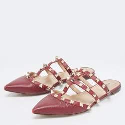 Pre Owned Valentino Burgundy Leather Rockstud  Flat Mules Size 38