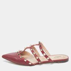 Pre Owned Valentino Burgundy Leather Rockstud  Flat Mules Size 38