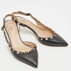 Pre Owned Valentino Black Leather Rockstud Pointed Toe Slingback Pumps Size 38