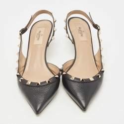 Pre Owned Valentino Black Leather Rockstud Pointed Toe Slingback Pumps Size 38