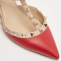 Pre Owned Valentino Red/Pink Leather Rockstud Ankle Strap Pumps Size 35.5