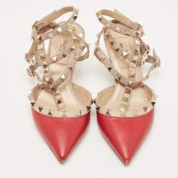 Pre Owned Valentino Red/Pink Leather Rockstud Ankle Strap Pumps Size 35.5