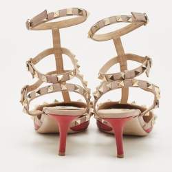 Pre Owned Valentino Red/Pink Leather Rockstud Ankle Strap Pumps Size 35.5