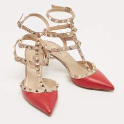 Pre Owned Valentino Red/Pink Leather Rockstud Ankle Strap Pumps Size 35.5