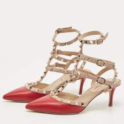 Pre Owned Valentino Red/Pink Leather Rockstud Ankle Strap Pumps Size 35.5