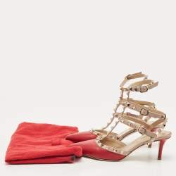 Pre Owned Valentino Red/Pink Leather Rockstud Ankle Strap Pumps Size 35.5