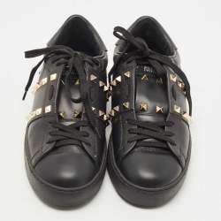 Pre Owned Valentino Black Leather Rockstud Low Top Sneakers Size 38