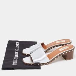Pre Owned Valentino Silver Leather Soul Rockstud Slide Sandals Size 40