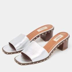 Pre Owned Valentino Silver Leather Soul Rockstud Slide Sandals Size 40