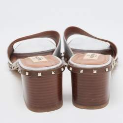 Pre Owned Valentino Silver Leather Soul Rockstud Slide Sandals Size 40