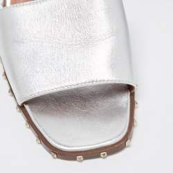 Pre Owned Valentino Silver Leather Soul Rockstud Slide Sandals Size 40