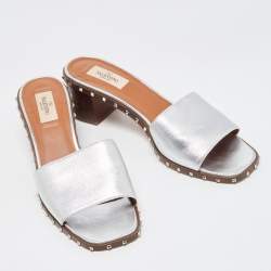 Pre Owned Valentino Silver Leather Soul Rockstud Slide Sandals Size 40