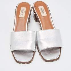Pre Owned Valentino Silver Leather Soul Rockstud Slide Sandals Size 40