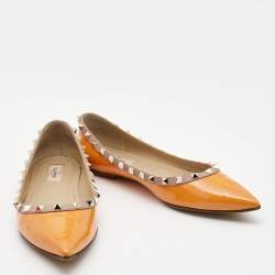 Pre Owned Valentino Orange Patent Leather Rockstud Ballet Flats Size 40