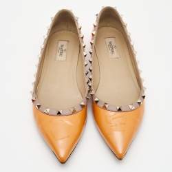 Pre Owned Valentino Orange Patent Leather Rockstud Ballet Flats Size 40