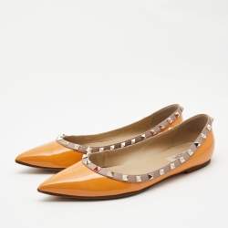 Pre Owned Valentino Orange Patent Leather Rockstud Ballet Flats Size 40