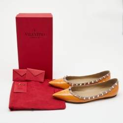 Pre Owned Valentino Orange Patent Leather Rockstud Ballet Flats Size 40