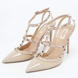 Valentino Beige Patent and Leather Rockstud Ankle Strap Pumps Size 41