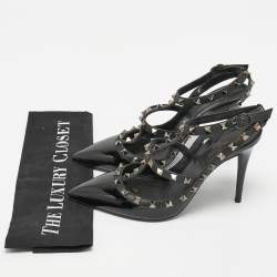 Pre Owned Valentino Black Patent and Leather Rockstud Ankle Strap Pumps Size 38